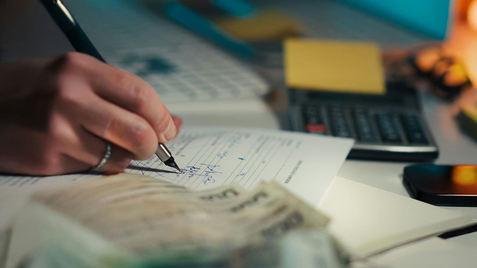 Dłoń z pierścionkiem wypełnia piórem formularz na biurku, obok kalkulator z żółtą karteczką i telefon, na pierwszym planie nieostry plik banknotów